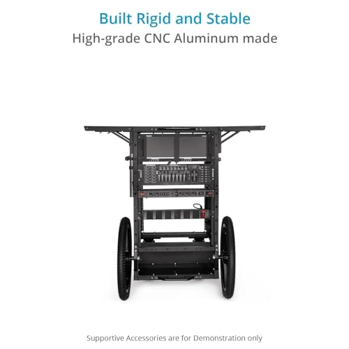 PROAIM Soundchief Audio Production Cart with 16U Rack Mount, 150kg/331lb | CNC aluminum cart with 9" front + 20" rear pneumatic wheels & foot brakes; 19" rack compatible, tool-less assembly