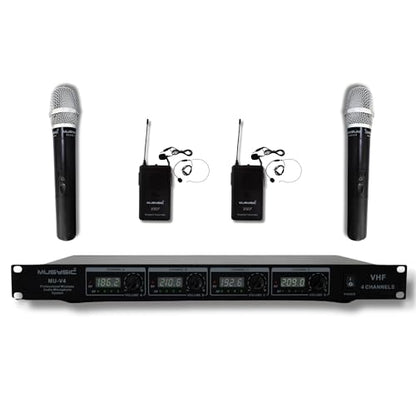 MUSYSIC 4-Channel VHF Wireless Microphone System with Metal Receiver | 2 Handheld and 2 Bodypack, for Church, Party, Meetings (4 - Channel) - size: 4 - Channel