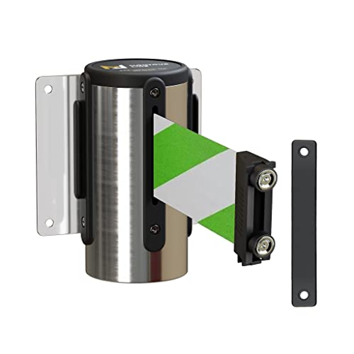 Montour Line WM115 Wall Mounted Retractable Belt Barrier with Magnetic Belt End, Magnetic Mount, Polished Stainless Steel Casing (8.5 ft Green and White Diagonal Belt) - color: Green and White Diagonal, size: 8.5 ft