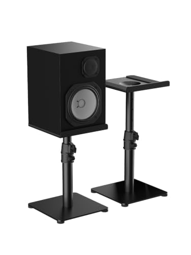 Suptek Desktop Speaker Stand Set, 9.6 x 8.8 inch Trays, 12-18" Height Adjustment and Tilt, Large Audio Holders for Computer and Bookshelf Speakers, Elevated Sound, 2 Pack, Black, SDM001TH - color: Black, size: 9.6" x 8.8" x 18"