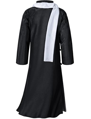 Boys Girls Kids Dragon Tang Coat Chinese Traditional Clothing Master Martial Arts Fan Scarf Set Outfit - color: Black, size: 8-9Years(140cm)