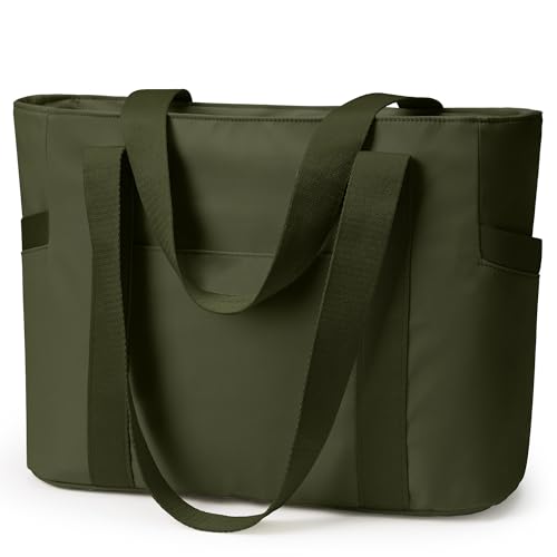 WLLWOO Large Tote Bag, 14” Laptop Work Travel Bag with Trolley Sleeve | Multi Pocket Water Splash Zipper Shoulder Handbag for Women Daily Nurse Gym Commute - color: Army Green