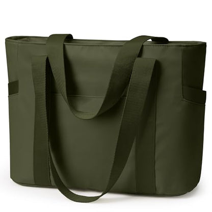 WLLWOO Large Tote Bag, 14” Laptop Work Travel Bag with Trolley Sleeve | Multi Pocket Water Splash Zipper Shoulder Handbag for Women Daily Nurse Gym Commute - color: Army Green