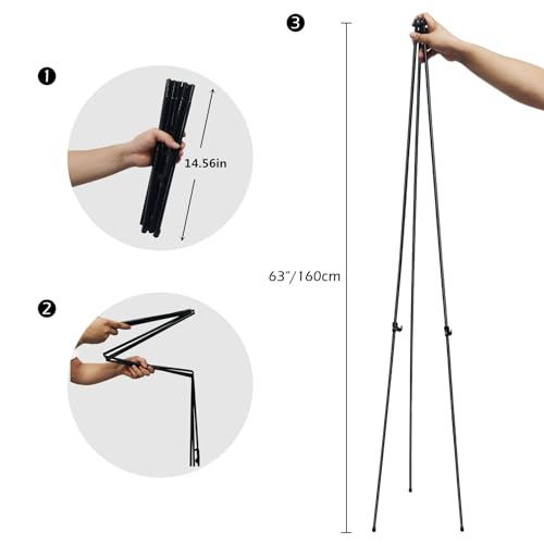 RRFTOK 3 Pack 63 in Sign Easel Stands, Instant-Fold Tripods with Bags | Instant-fold metal tripod with carry bag for welcome sign, poster display, foam board and floor use - style: 63B 3pack
