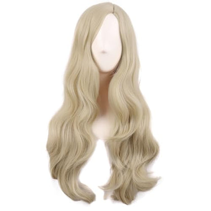 MapofBeauty 28 Inch Long Wavy Curly Side Bangs Party Hair Wig, Blonde | Synthetic fiber, 70 cm Cosplay Wig, Fashion - color: Blonde