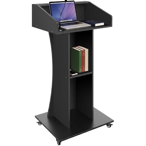 Podium Stand with Lockable Wheels,47"H Wooden Podium for Classroom, Mobile Pulpit Lectern with 3 Storage Shelves for Church, Office,Conference Room (Black) - color: Black