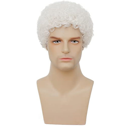 Swiking Mens Short White Afro Curly Wig for Male Guy Rocker Wig California Halloween Cosplay Costume Daily Wigs (White) - color: White
