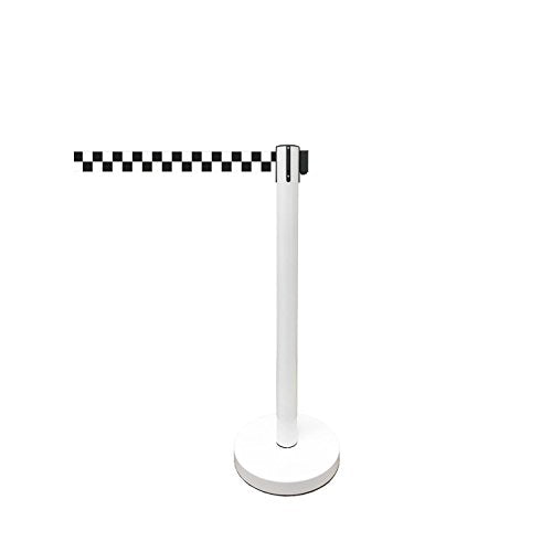 Retractable Stanchion, 6 SPECIALTY Posts + Signframe, 36" Ht, 78" Special Event & Holiday Theme Belt + Bonus Replacement Cassettes + Wall Receiver (WHT Post/Checker Belt) - color: Wht Post/Checker Belt