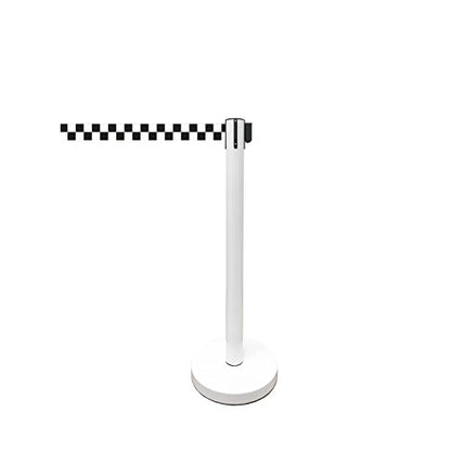Retractable Stanchion, 6 SPECIALTY Posts + Signframe, 36" Ht, 78" Special Event & Holiday Theme Belt + Bonus Replacement Cassettes + Wall Receiver (WHT Post/Checker Belt) - color: Wht Post/Checker Belt