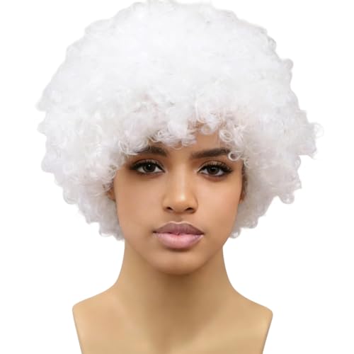 Funny Wigs for Women Men Pure White Crazy Clown Wigs Fans Wig Short Afro Curly Costume Wig for Halloween Parties Cosplay Stage Performance Christmas Party Wig(Large Size,Pure White) - color: Pure White, size: Large Size