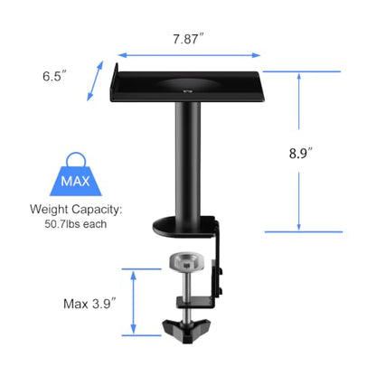 suptek Small Clamp-on Speaker Stand Desk Mount Set, Tilt, Swivel, 7.8 x 6.5 inch Trays, Universal Audio Holders for Computer and Bookshelf Speakers, Elevated Sound, 2 Pack, Black, SDM001SFX - color: Black, size: 7.8 x 6.5x 8.9"(h)