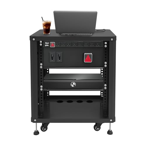 12U Professional AV Rack Stand, Rolling Equipment Cabinet with Locking Wheels for Live Sound, Studio, DJ, Carbon Steel Frame with Ventilation and Cable Ports, Network & Stereo Rack (Black) - color: Black