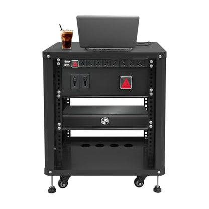12U Professional AV Rack Stand, Rolling Equipment Cabinet with Locking Wheels for Live Sound, Studio, DJ, Carbon Steel Frame with Ventilation and Cable Ports, Network & Stereo Rack (Black) - color: Black