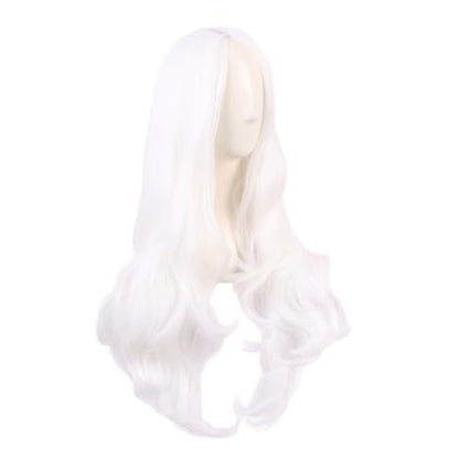 MapofBeauty 28 Inch Long Wavy Curly Side Bangs Party Hair Wig, White | Synthetic fiber, 70 cm Cosplay Wig, Fashion - color: White