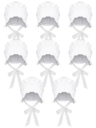 Hicarer White Mob Cap Women Colonial Bonnet Hat Grandma Mop Hat Mob Bonnets Lace with Adjustable Straps for Maid
