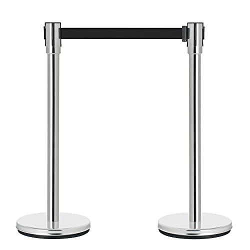 DuraSteel Chrome Crowd Control Barriers Stanchions with Retractable Belts - Metal Stanchion Posts w/ 6.5ft Black Retractable Barrier Belt Ropes - Queue VIP Safety Line Dividers - Set of 2 Stantions - color: Black Belt, style: Silver Stanchion 2 Pcs Set