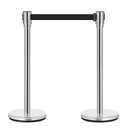 DuraSteel Chrome Crowd Control Barriers Stanchions with Retractable Belts - Metal Stanchion Posts w/ 6.5ft Black Retractable Barrier Belt Ropes - Queue VIP Safety Line Dividers - Set of 2 Stantions - color: Black Belt, style: Silver Stanchion 2 Pcs Set