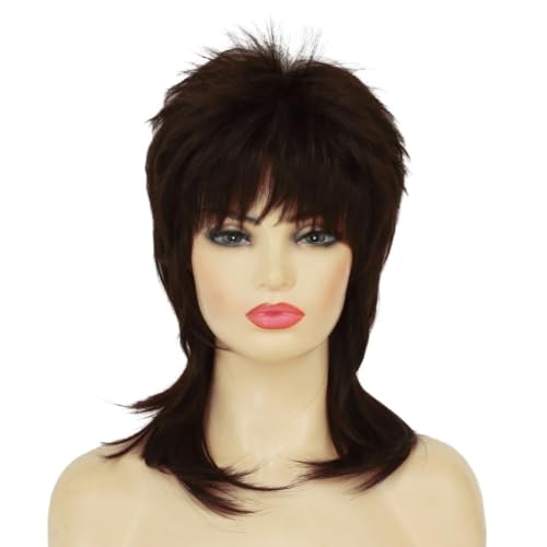 Brown Mullet Wig for Women Short Shaggy Layered 70s 80s Rocker Curly Hair Wig for Cosplay Halloween Party Daily Use - color: Brown
