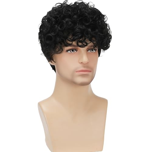 Mens Curly Wigs Black Short Wig Synthetic Heat Resistant Costume Wig Mens Daily Cosplay Party Halloween - color: C-Black
