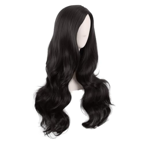 MapofBeauty 28 Inch Long Wavy Curly Side Bangs Party Hair Wig, Black | Synthetic fiber, 70 cm Cosplay Wig, Fashion - color: Black