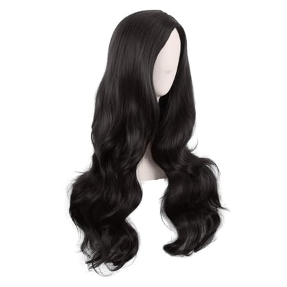 MapofBeauty 28 Inch Long Wavy Curly Side Bangs Party Hair Wig, Black | Synthetic fiber, 70 cm Cosplay Wig, Fashion - color: Black