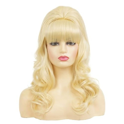 Blonde Long Curly Wig With Bangs Beehive Wig Synthetic Fibre Hair 50s 70s Cosplay Party Womens Halloween Costume Wigs - color: Curly Blonde