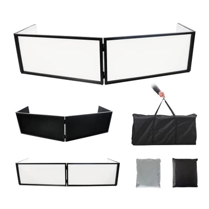 DJ Booth DJ Facade Portable DJ Event Booth Foldable Cover Screen Metal Frame Booth Front Board Video Light Projector Display Scrim Panel w/Travel Bag Black White Scrims