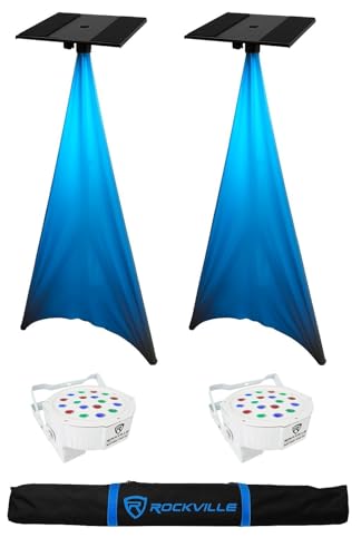 Rockville RVSS2 Lighting Stands for Moving Head/Spot Bundle with Up-Lights | Rechargeable Battery Up-Light Pair, White LED DMX Wash, 2 ACC5 Shelves, 2 RSC7W White Scrims, Gobo/Beam, Remotes, 8-Items