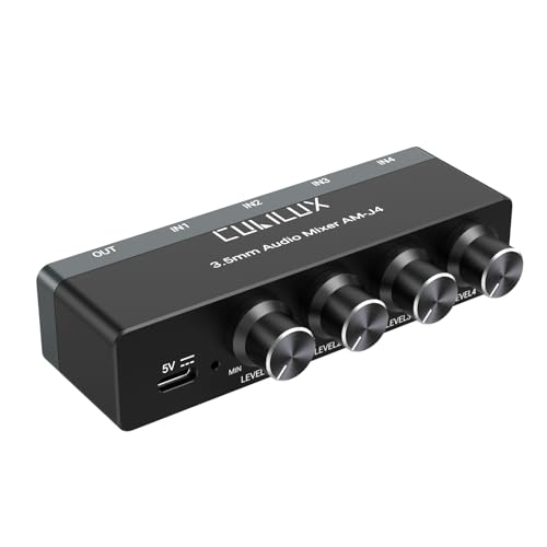 Cubilux 4-Channel 3.5mm Audio Mixer, Ultra-Low-Noise Mini Audio Mixer for Sub-Mixing, 1/8 TS/TRS Input, Stereo Switcher Suitable for Guitars, Bass, Keyboards