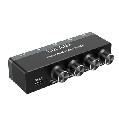Cubilux 4-Channel 3.5mm Audio Mixer, Ultra-Low-Noise Mini Audio Mixer for Sub-Mixing, 1/8 TS/TRS Input, Stereo Switcher Suitable for Guitars, Bass, Keyboards