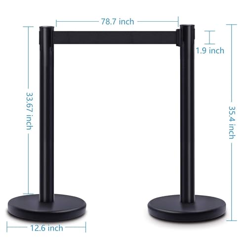 DuraSteel Black Crowd Control Barriers Stanchions with Retractable Belts - Metal Stanchion Posts w/ 6.5ft Black Retractable Barrier Belt Ropes - Queue VIP Safety Line Dividers - Set of 6 Stantions - color: Black Belt, style: Black Stanchion 6 Pcs Set