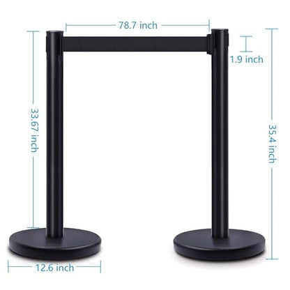 DuraSteel Black Crowd Control Barriers Stanchions with Retractable Belts - Metal Stanchion Posts w/ 6.5ft Black Retractable Barrier Belt Ropes - Queue VIP Safety Line Dividers - Set of 6 Stantions - color: Black Belt, style: Black Stanchion 6 Pcs Set