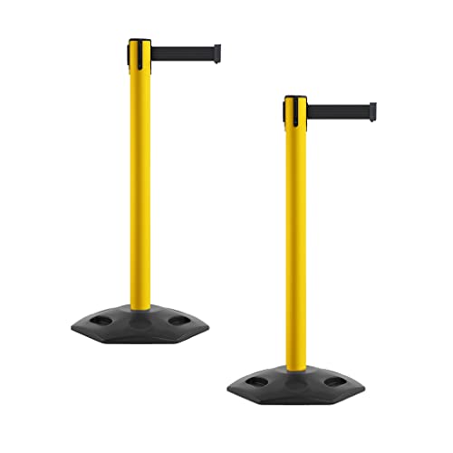 Montour Line MSR650 Set of 2 Retractable Belt Barrier Stanchion, Heavy-Duty Rubber Base, Yellow Steel Post (16 ft Black Belt) - color: Black, size: Yellow Steel