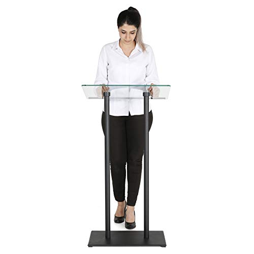 M&T Displays Tempered Clear Glass Conference Podium Stand Black Aluminum Body and Base 43.9 Inch Height Floor Standing Lectern Pulpit Desk for Classroom Church - color: Black