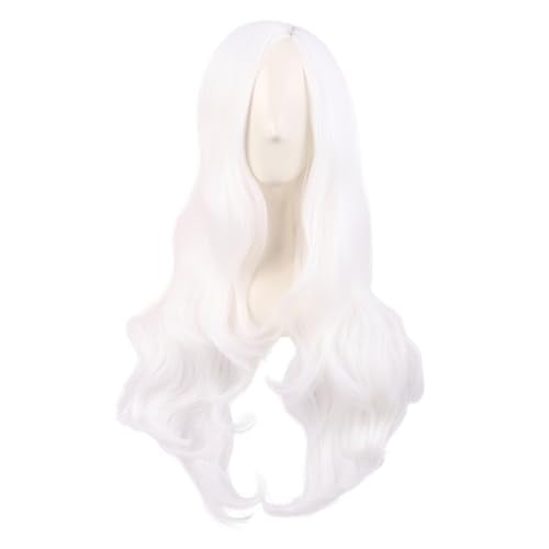 MapofBeauty 28 Inch Long Wavy Curly Side Bangs Party Hair Wig, White | Synthetic fiber, 70 cm Cosplay Wig, Fashion - color: White