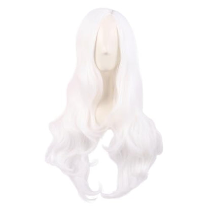 MapofBeauty 28 Inch Long Wavy Curly Side Bangs Party Hair Wig, White | Synthetic fiber, 70 cm Cosplay Wig, Fashion - color: White