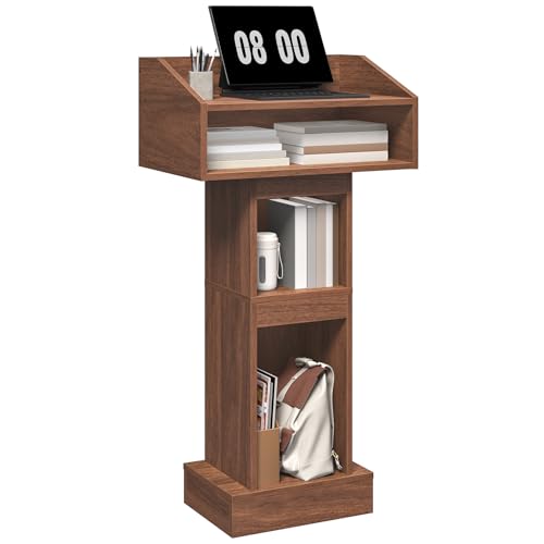 MAHANCRIS Podium Stand, Lectern with 4-Tier Storage, Pulpit with Reinforced Base for Church, Laptop Desk for Classroom, Office, Meeting Room, Easy Assembly, Walnut LPWA5801
