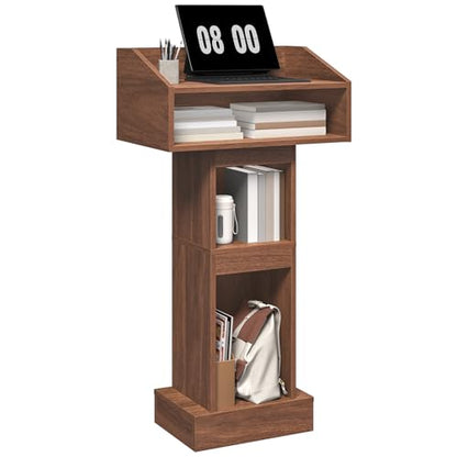 MAHANCRIS Podium Stand, Lectern with 4-Tier Storage, Pulpit with Reinforced Base for Church, Laptop Desk for Classroom, Office, Meeting Room, Easy Assembly, Walnut LPWA5801