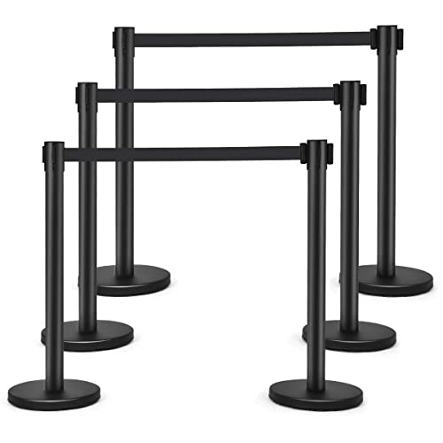 S AFSTAR Retractable Belt Stanchion Set of 6, Heavy Duty Crowd Control Stanchion W/78” Retractable Belt & Stable Base, 35" Height Safety Barriers Stanchion for Theater Hotels Clubs Museums (Black)