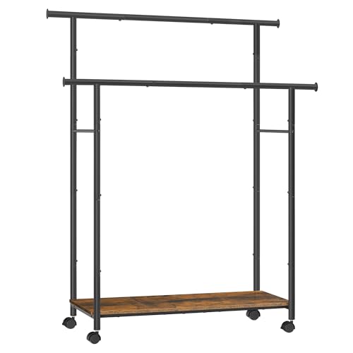 SONGMICS Clothes Rack with Wheels, Steel Garment Rack with Shelf | Clothing Rack for Hanging Clothes, 38.8 Inches, Loads up to 220 lb, Black and Rustic Brown, COLTEN Collection UHSR152B01 - color: Black, style: Double Rod