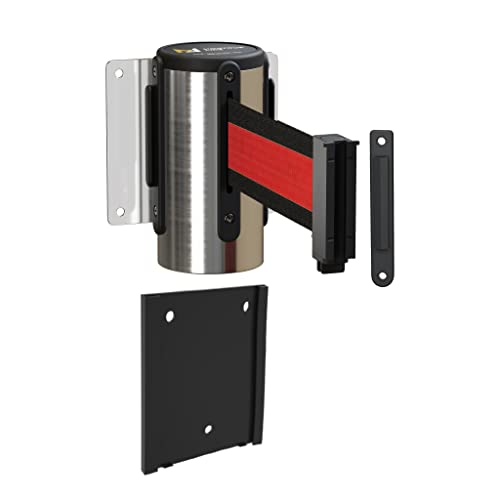 Montour Line WM115 Wall Mounted Retractable Belt Barrier with Standard Belt End, Removable Mount, Polished Stainless Steel Casing (8.5 ft Black with Horizontal Red Stripe Belt) - color: Black with Horizontal Red Stripe, size: 8.5 ft