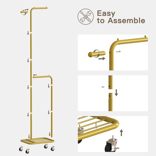 Small Rolling Clothing Rack with Shelf,Narrow Gold Clothes Rack with Wheels | Gasvadivum 71" Tall Sturdy Metal Garment Rack with Hanging Rod, Freestanding Portable Coat Rack for Bedroom, Entryway - color: Gold