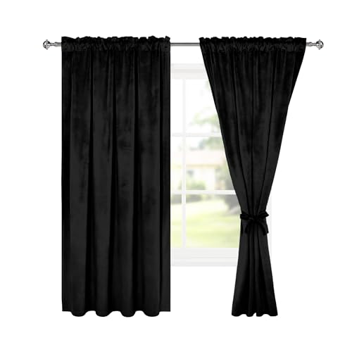 Hiasan Black Velvet Blackout Curtains 63 inch, Set of 2 Panels, 52W x 63L - color: Black, size: 52"W x 63"L (Pack of 2)