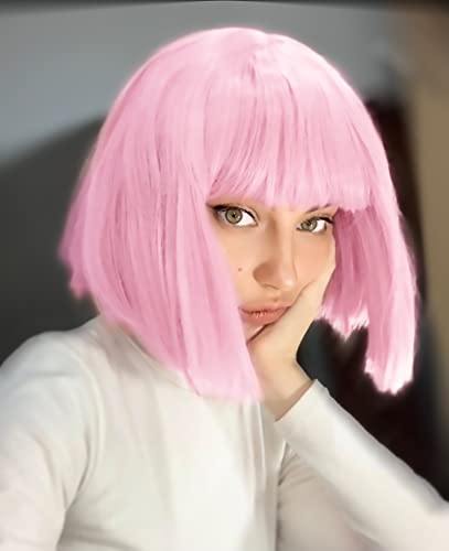 LIULIUBTY Short Bob Hair Wigs Straight with Flat Bangs Synthetic Colorful Cosplay Daily Party Neon Wig for Women + Free Wig Cap 12" Natural As Real (Cute Pink) - color: Cute Pink