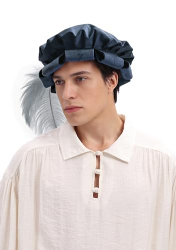 Renaissance Roll Hem Beret for Men Medieval Tudor Slit Hat with Feather Fantasy Costume Accessories - color: Blue