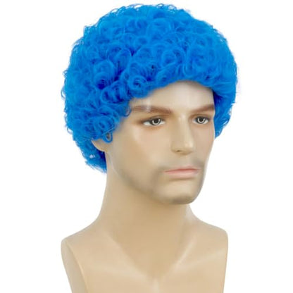 Swiking Mens Short Blue Afro Curly Wigs for Male Guy Rocker Wig California Halloween Cosplay Costume Fibre Hair Wig - color: Blue