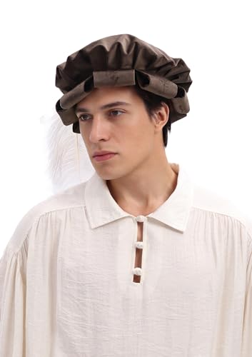 Renaissance Roll Hem Beret for Men Medieval Tudor Slit Hat with Feather Fantasy Costume Accessories - color: Brown