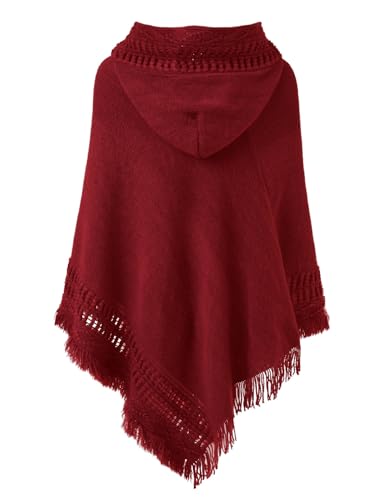 Ferand Women's Witchy Hooded Knit Poncho with Fringe | Witch Cape, Gothic Cloak with Crochet Details for Fall Halloween Boho Style - color: Burgundy