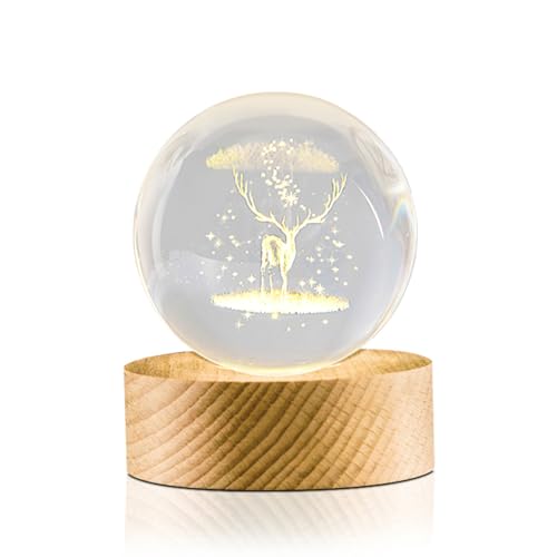 Flexzion 3D Elk Crystal Ball Night Light - LED Light Hologram Glass Lamp with Solid Wood Base, USB Powered Crystal Ball Lamp with Adjustable Brightness for Home Decor Display Gift, 2.4inch(60mm) | Elk Lamp with Solid Beech Wood Base and Adjustable Brightn