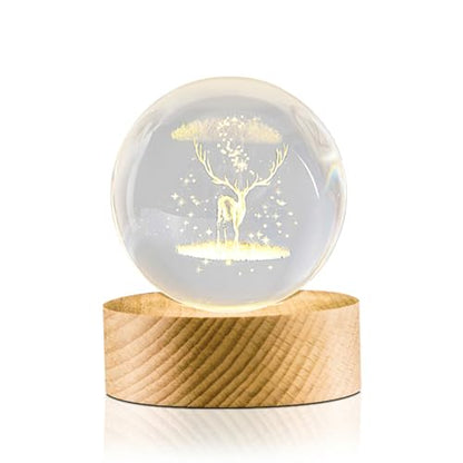 Flexzion 3D Elk Crystal Ball Night Light - LED Light Hologram Glass Lamp with Solid Wood Base, USB Powered Crystal Ball Lamp with Adjustable Brightness for Home Decor Display Gift, 2.4inch(60mm) | Elk Lamp with Solid Beech Wood Base and Adjustable Brightn